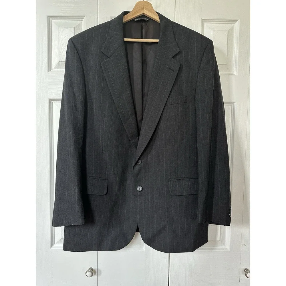 Vintage CHRISTIAN DIOR Suit Jacket Chalk Gray Stripe 100% Wool 46 USA